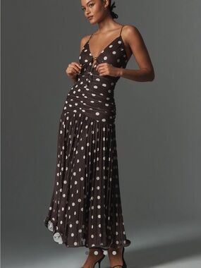 En Saison Brown Polka Dot Maxi Dress with Tie Front